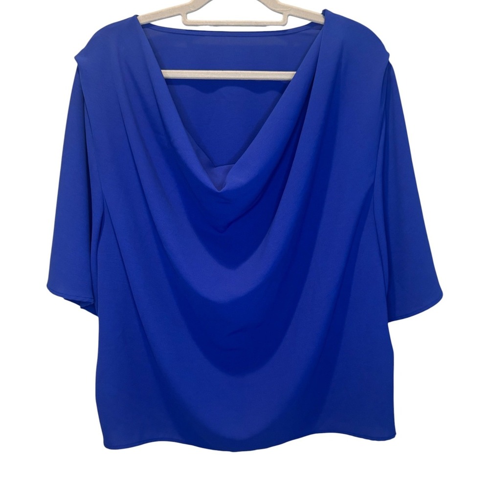 Womens Cobalt Blue Cowl Neck Blouse XL Royal Blue Bell Sleeve Stretch Top